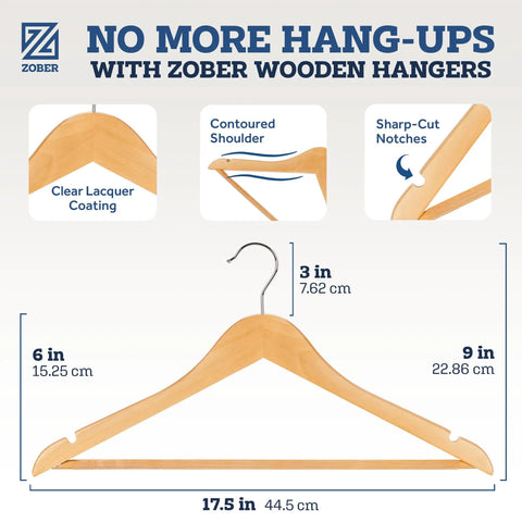 Heavy Duty Wooden Clothes Hangers Set Pro Grade Non Slip Contoured Hangers For Coats Jackets Suits And Pants With 360 Chrome Hook Grooved Pant Bar Notches 20 Pack For Closet Organization, showcasing dimensions and features.