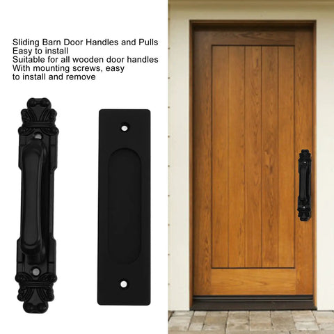 Sliding Barn Door Handles And Pulls Set With Aluminum Alloy Double Sided Hardware, Black Flush Backboard Design installed on wood door.