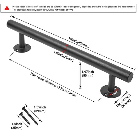 16 Inch Black Metal Door Pull Handles Set of 2 for Exterior and Interior Doors with 1 Inch Diameter, durable iron pipe construction.