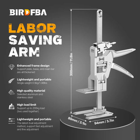 Pair Of Heavy Duty Sheetrock Drywall Lift And Furniture Board Lifting Helper Platform With Two Drop Modes And Adjustable Height Stand shown upright with label and dimensions.