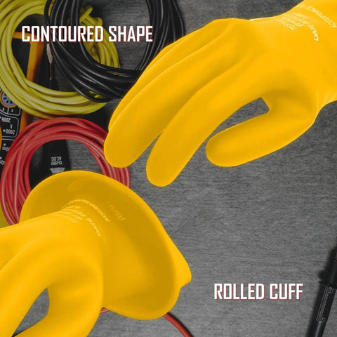 Class 0 Rubber Insulating Electrical Safety Gloves for Linemen and Electricians, ASTM Compliant, Size 9, contoured shape and rolled cuff displayed.