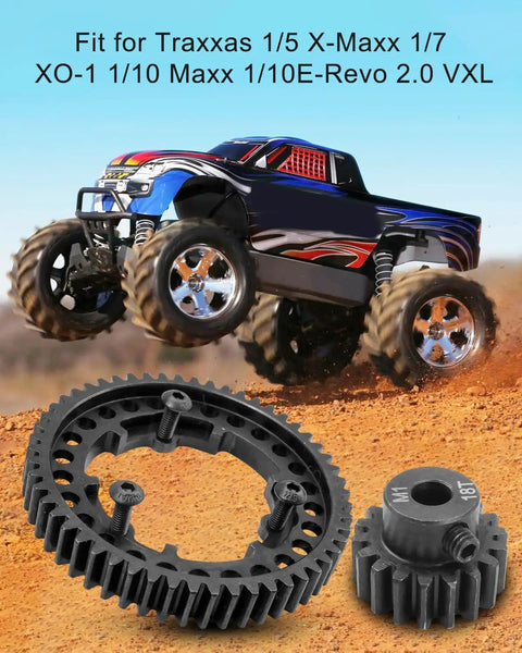 RC Spur Gear Set 54T 18T Pinion for Traxxas X Maxx XO1 Revo 2.0 VXL Hardened Steel on dirt with RC truck in action