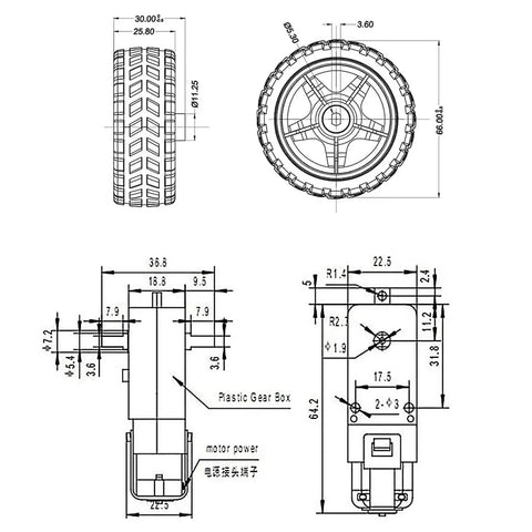 Technical drawing of DC Gearbox Motor 3 To 6V With One To Forty Eight Gear Ratio Dual Shaft Small Electric Motor With Wheel Kit