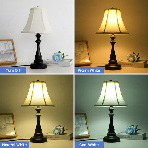 Table lamp with brown fabric shade showing light settings, part of three piece vintage style lamp set with bronze finish.