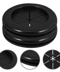 Black Rubber Grommet Kit For Cable Management With Dual Sided Buckle Design, Fire Resistant And Waterproof Desk Hole Cover For Office And Home Use, Includes Four Pieces. Black rubber desk grommet, side view.