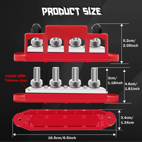 Rock Solid 400A Battery Bus Bar 12V Marine Power Distribution Block with dimensions and copper plate details.