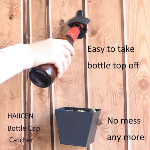 Twenty Four Pack Matte Black Cast Iron Bottle Opener Wall Mounted Heavy Duty Steel Cap Remover Hanging Bar Supplies With Mounting Studs For Kitchen Pub And Game Room Built Like A Tank Setup in use, removing bottle cap.