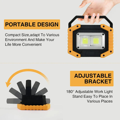 30W LED Work Light Portable Rechargeable 2000 Lumen COB Flood Light With Stand Waterproof IP65