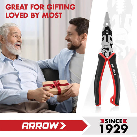 Six In One Needle Nose Pliers With Wire Stripper Crimper And Cutter Do It All Eight Inch Multi Tool with two men exchanging a gift