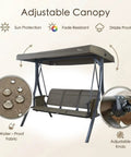 Brenda 3 Seat Outdoor Porch Swing Glider With Adjustable Canopy Heavy Duty Steel Frame Weather Resistant