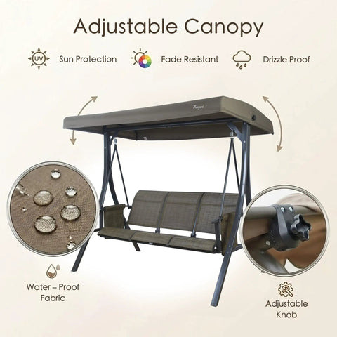 Brenda 3 Seat Outdoor Porch Swing Glider With Adjustable Canopy Heavy Duty Steel Frame Weather Resistant