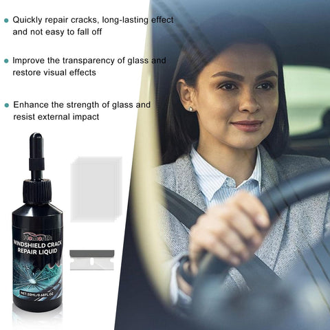 Woman driving with Windshield Crack Repair Kit For Cars, Easy Fix Liquid Resin Filler, Transparent UV Curing Glass Repair bottle
