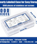 Clear case containing Complete Set Screw Kit 1000 Piece Cup Point Grub Screws With Internal Hex Drive Stainless Steel 304