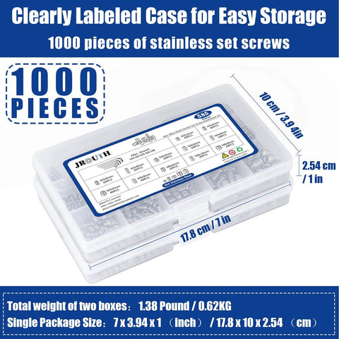 Clear case containing Complete Set Screw Kit 1000 Piece Cup Point Grub Screws With Internal Hex Drive Stainless Steel 304