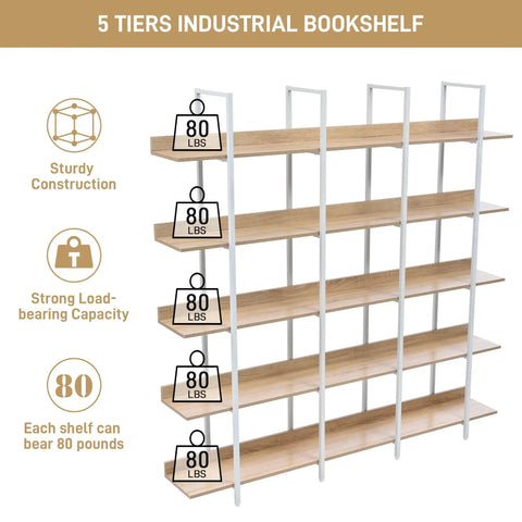 Five Tier Industrial Bookcase With White Metal Frame And Oak Shelves, Space Saving MDF Display Shelf showing load capacity of 80 lbs per shelf