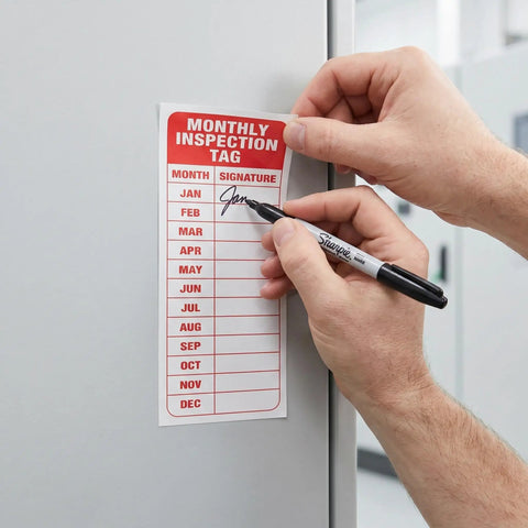 Person writing on 30 Pack Pro Grade Equipment Maintenance Inspection Stickers 5 By 3 Inch Monthly Log Labels For Workplace Compliance