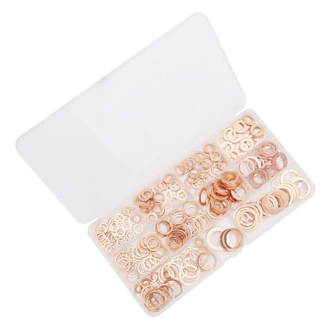 Rad 300 Pcs Red Copper Gasket Washer Assortment Kit High Thermal Conductivity Fits Auto And Hydraulic Systems M5 To M16 Flat Metal Washers Set Good For Oil Pan Plugs Fuel Joints Solid Gear For Home Garage Fixes And Pro Repairs Any Day open case with assorted red copper washers