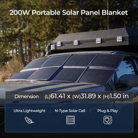 200W Portable Solar Blanket with Eight Fold Design on SUV roof, ultra-lightweight, high efficiency N-Type cells.