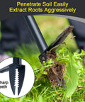 Stand Up Weeder And Weed Puller Set 40 Inch with sharp teeth removes weeds from lawn, emphasizing foot pedal use.