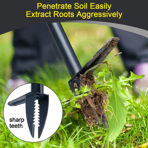 Stand Up Weeder And Weed Puller Set 40 Inch with sharp teeth removes weeds from lawn, emphasizing foot pedal use.