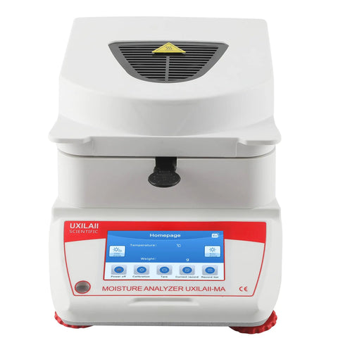 Top Shelf Halogen Moisture Analyzer Featuring Dead Accurate 0.001g Readability And Killer Rs232 Connection For Quick Lab Work Or On Site Checks Anytime, front view with touch screen and white body.