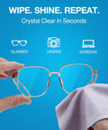 Microfiber cleaning cloths for glasses; gray cloth beside metal eyeglasses being wiped.