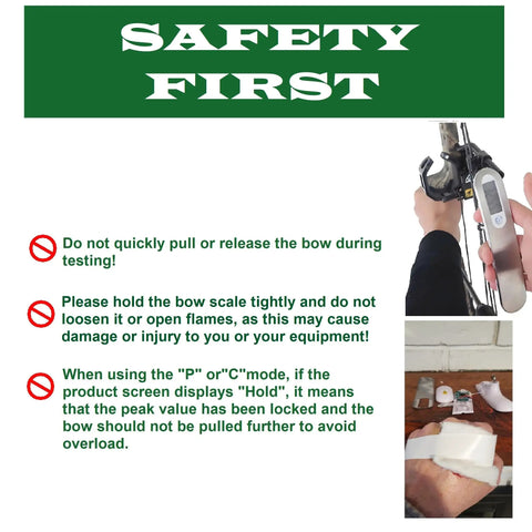 Safety instructions for Archery Bow Scale for Recurve and Compound Bows 110 Pounds 50 Kilograms LCD Display with Grams Ounces Kilograms and Pounds Portable Digital Scale for Bow Tuning Bow Maintenance and Hunting.