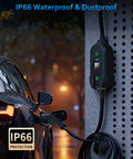 Portable Level One and Level Two EV Charger ETL Certified 12 and 16 Amp with car, 25 ft cord, in outdoor setting, IP66 rated