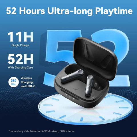 Air Pro 4 Wireless Earbuds With Adaptive Hybrid Noise Canceling For Crisp Sound and Big Battery Life case showing 52-hour playtime.