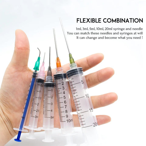 Hand holding Pro Grade Glue Applicator Syringe Set With Blunt Tip Needles And Caps For Liquid Glue Ink Perfume Lip Gloss Making