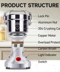 Beast 2000W Grain Grinder Mill With 550g Capacity shown with labeled parts including lock pin and motor.