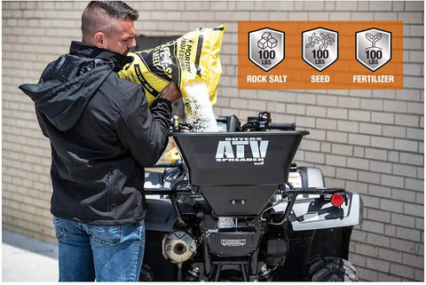 Beefy ATV Broadcast Spreader With Rain Cover, 100 Pound Capacity Poly Hopper, Rear Rack Mount, 12 Volt Motor, Spreads Seed Fertilizer Salt And Feed, All Season Use, Outdoor Lawn Care Gear For Your ATV in use, with man pouring material into hopper.