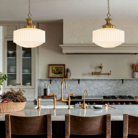 Vintage Brass Pendant Lamp With White Pleated Milk Glass Ceiling Fixture For Kitchen Island Hallway Bedroom Decor Antique Drum Chandelier over marble kitchen island