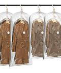 Hanging Vacuum Storage Bags Space Saver For Clothing Suits And Jackets, Closet Organizer Travel Set Of 4 displaying clear compressed bags.