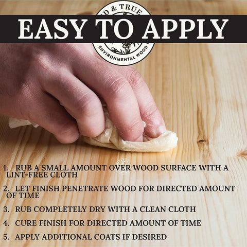 Applying Danish Oil Wood Finish For Furniture And Rustic Pieces with a cloth on wood surface, food safe, deep penetration.