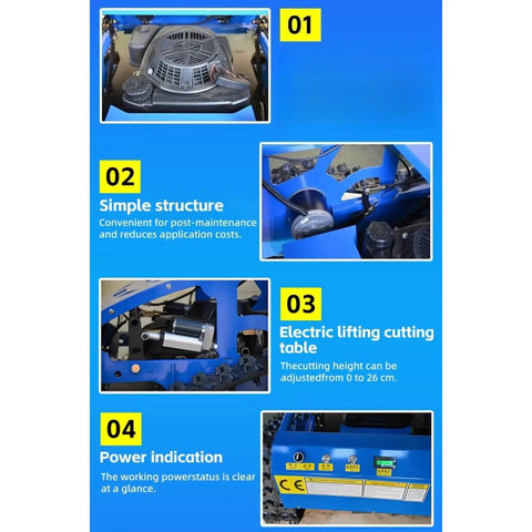 Detailed view of Remote Control Grass Cutter With Tracks For Slopes And Uneven Terrain, showing engine, structure, cutting table, and power indication.