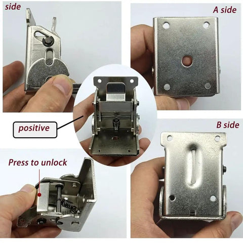 Two Pack 90 Degree Self Locking Folding Hinge Steel Foldable Bracket Hidden Hinge For Extension Brackets On Table Legs Bed Legs And Work Benches Heavy Duty Space Saving Support For Home Workshop, multi-angle view showing sides and locking mechanism.