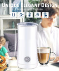 2 In 1 Milk Frother And Steamer For Lattes And More, Electric Foam Maker displayed on kitchen counter with cappuccino