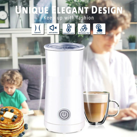 2 In 1 Milk Frother And Steamer For Lattes And More, Electric Foam Maker displayed on kitchen counter with cappuccino