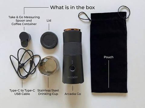 Rechargeable Portable Turkish Coffee Maker USBC Powered Cordless And Compact For Outdoors Travel Camping Office And Home Brewing Night Black Grab And Go Coffee with accessories like lid, cable, and pouch.