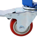Close-up of locking caster on 36x18 Inch Heavy Duty Welding Workbench On Wheels With 1200 Pound Load Capacity, blue finish visible