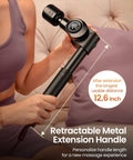 Person using Heat And Cold Therapy Massage Gun With Deep Tissue Percussion for Muscle and Neck Pain Relief, showcasing retractable handle.