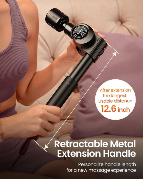 Person using Heat And Cold Therapy Massage Gun With Deep Tissue Percussion for Muscle and Neck Pain Relief, showcasing retractable handle.
