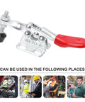 4 Piece Horizontal Toggle Clamp Set Fast Locking Clip With Straight Line Push Pull Action shown with usage examples