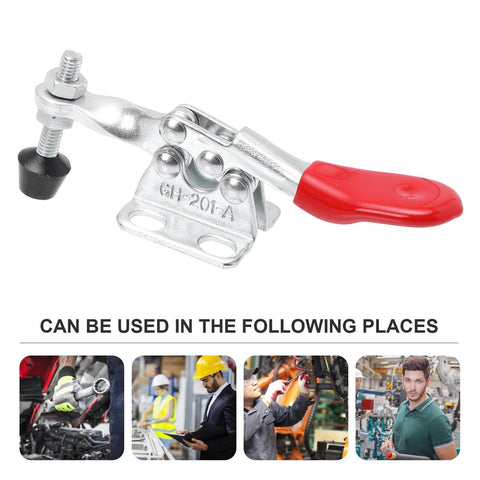 4 Piece Horizontal Toggle Clamp Set Fast Locking Clip With Straight Line Push Pull Action shown with usage examples