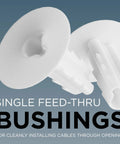 Close-up of white plastic single feed-through coaxial cable bushing assembly for walls/cabinets.