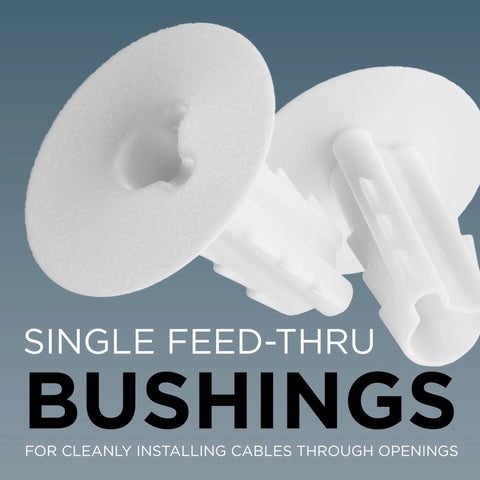 Close-up of white plastic single feed-through coaxial cable bushing assembly for walls/cabinets.