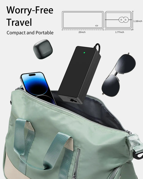 36V Ebike Charger For Vivi Spa Series 42V 2A Replacement, compact design shown with travel bag and accessories