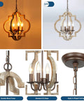 Orb Farmhouse Chandelier 4 Light Handmade Wood Rustic Vintage Pendant showing detail views with lit and unlit options.