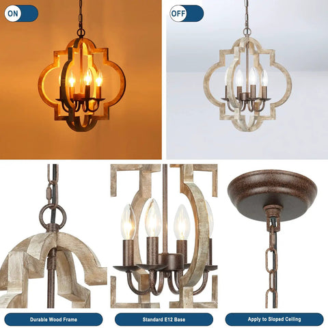 Orb Farmhouse Chandelier 4 Light Handmade Wood Rustic Vintage Pendant showing detail views with lit and unlit options.